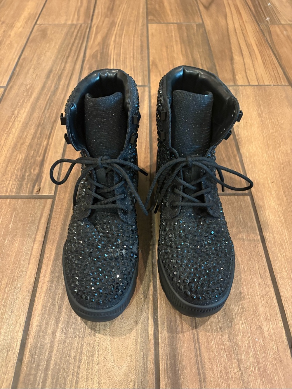Michael Kors Black Glitter Rhinestone Lace-Up Kids Boots